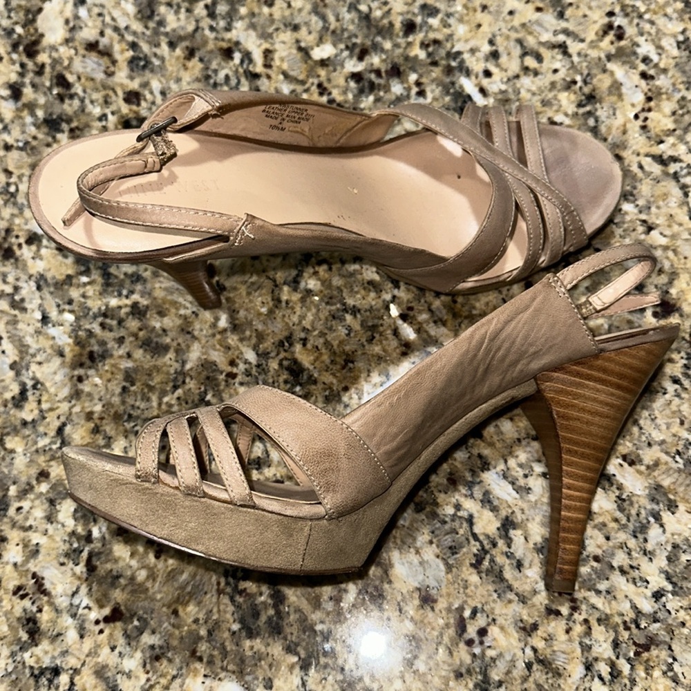 Nine West STUNNER Nude leather strappy sling back heels, 10.5 - Picture 4 of 8